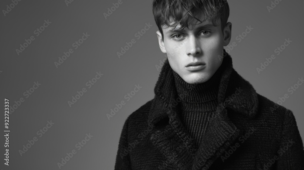 Black and white portrait of a male model wearing a turtleneck sweater Black and white portrait of a male model wearing a turtleneck sweater