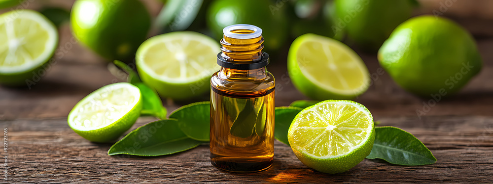 Close-Up of Lime Essential Oil and Sliced Limes Close-Up of Lime Essential Oil and Sliced Limes
