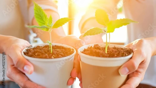 Two friends joyfully exchange potted plants, celebrating their love for gardening under warm sunlight and a vibrant atmosphere photo