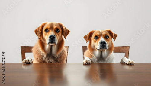 Two dogs behind the table isolated with white highlights, png photo