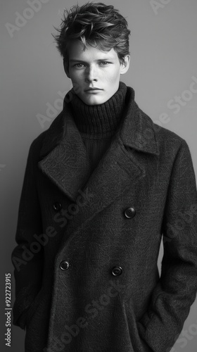 Black and white portrait of a male model wearing a turtleneck coat