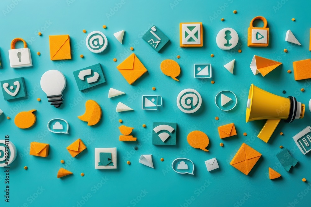 Colorful icons and symbols representing customer relationship management are arranged against a solid turquoise backdrop. Colorful icons and symbols representing customer relationship management are arranged against a solid turquoise backdrop.
