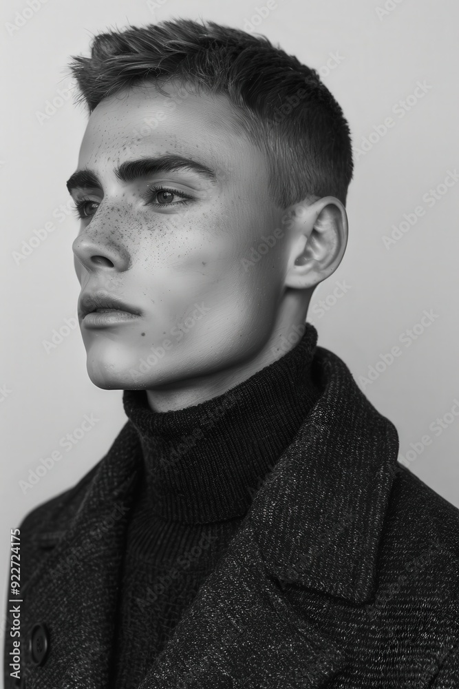 Fototapeta premium Black and white portrait of a male model wearing a turtleneck