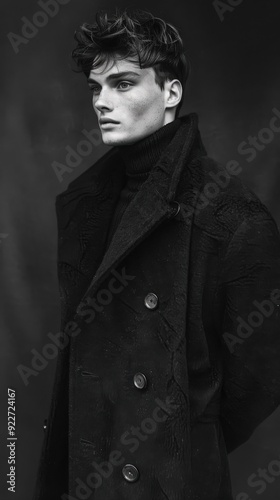 Black and white portrait of a male model wearing a coat indoors