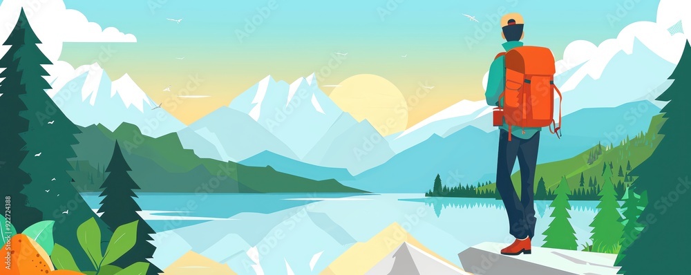 Fototapeta premium A serene landscape featuring a hiker with a backpack overlooking a mountain lake at sunrise, encapsulating adventure and tranquility.