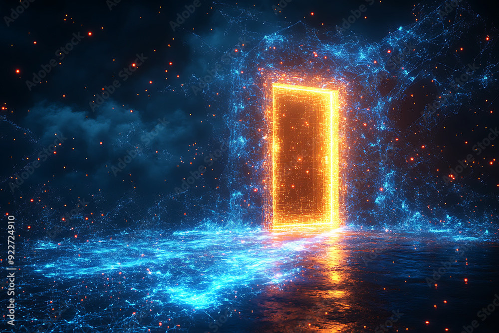 Open door icon with light shining through, designed in wireframe style on a dark blue background, symbolizing opportunity and new beginnings.
Open door icon with light shining through, designed in wireframe style on a dark blue background, symbolizing opportunity and new beginnings.