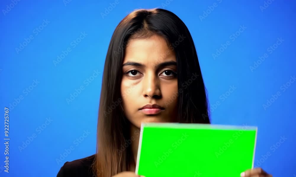 Chroma Blue Screen Extreme Close-Up of Young Woman with Protest Sign Chroma Blue Screen Extreme Close-Up of Young Woman with Protest Sign