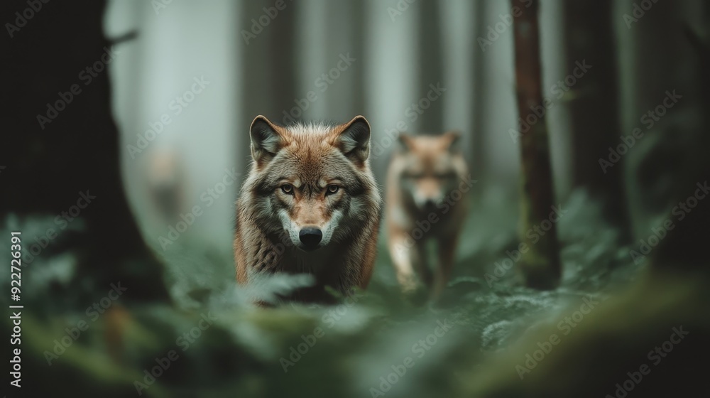 A pack of wolves staring intensely in a dense green forest, showcasing ...