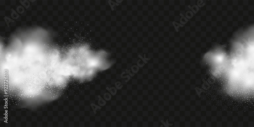 A realistic set of white clouds of flour, sugar, washing powder. An explosion of snow dust in the air. A splash of ice crystals in a white blizzard cloud.