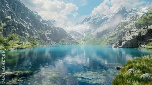 Serene alpine lake surrounded by mountains