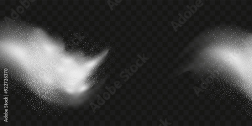 A realistic set of white clouds of flour, sugar, washing powder. An explosion of snow dust in the air. A splash of ice crystals in a white blizzard cloud.