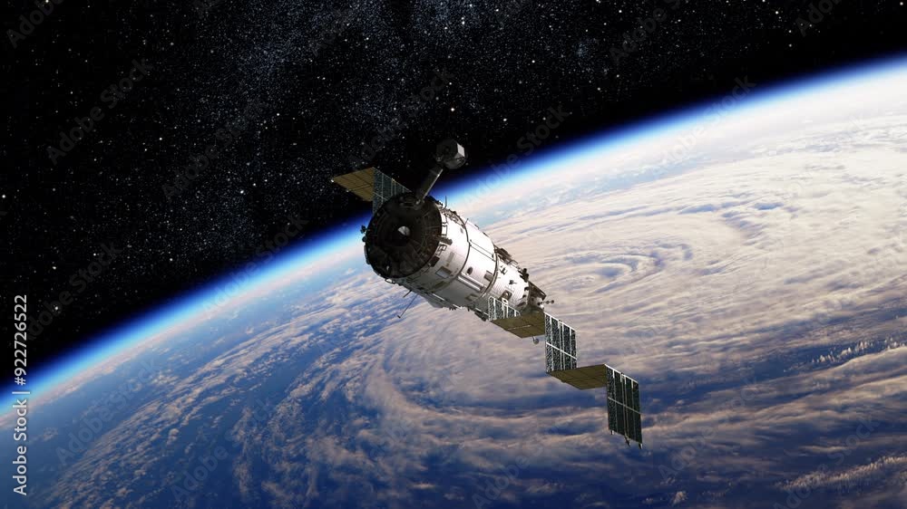 Space station deploys solar panels over planet Earth. 3d animation. 4k.