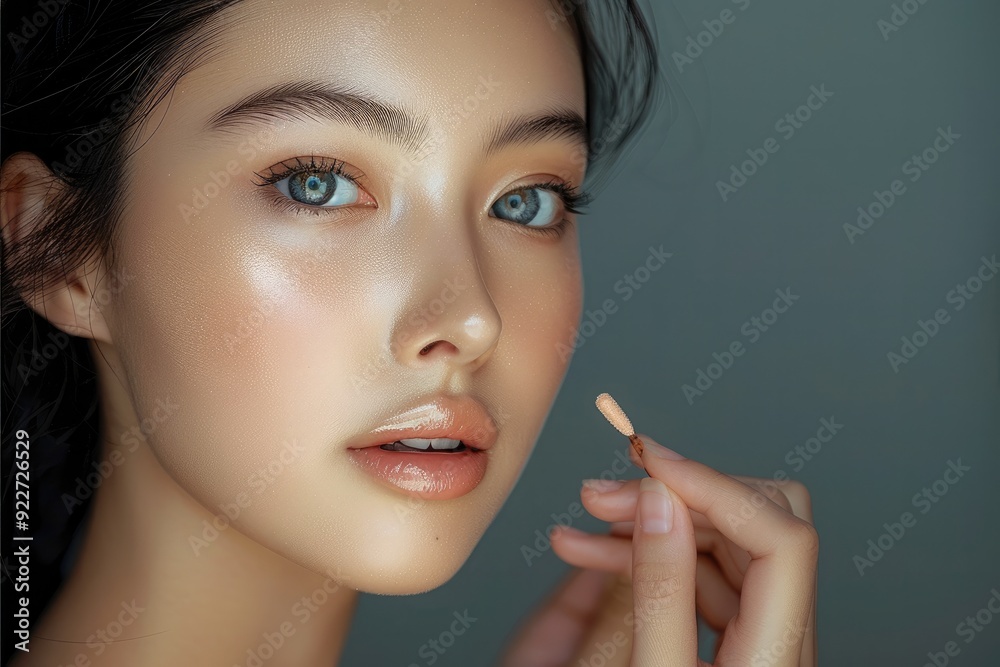 Fototapeta premium A woman applying a primer before makeup, focusing on creating a smooth base, luxury. Generative AI.