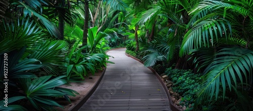 Walkway through the tropical ferns and trees. photo