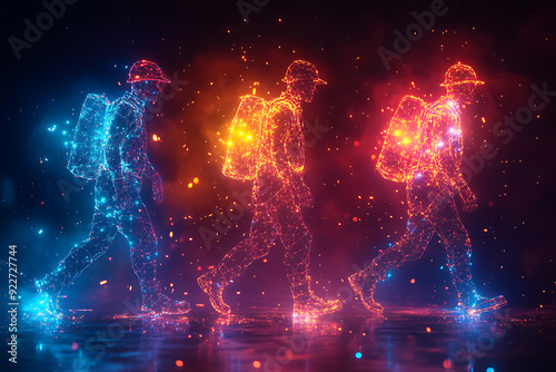 Wireframe silhouettes of workers formed by geometric lines and glowing dots, creating a modern and tech-inspired visual.

 photo