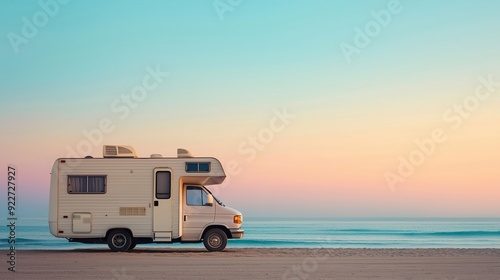 camper van on the empty beach. Long travel concept. Generative ai