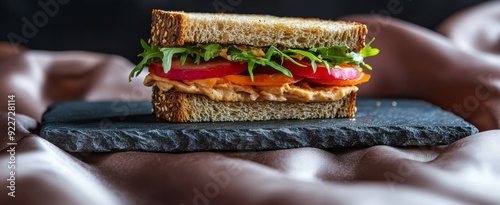 Rustic Charm Close-Up: An Irresistible Sandwich on a Slate Board with a Silk Fabric Background, Celebrating the Simplicity of Country Delights. photo