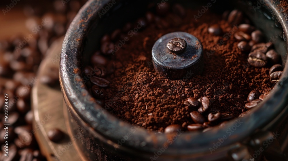 Freshly ground coffee beans in a rustic grinder, showcasing rich textures and aromas Freshly ground coffee beans in a rustic grinder, showcasing rich textures and aromas