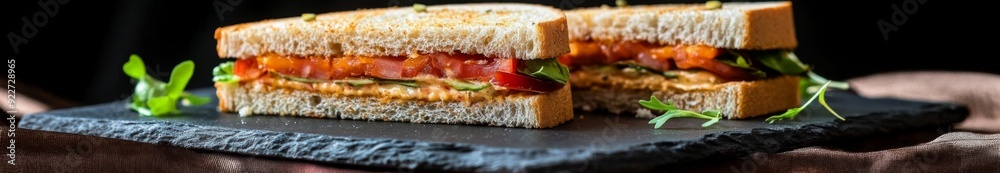 Rustic Charm Close-Up: An Irresistible Sandwich on a Slate Board with a Silk Fabric Background, Celebrating the Simplicity of Country Delights. Rustic Charm Close-Up: An Irresistible Sandwich on a Slate Board with a Silk Fabric Background, Celebrating the Simplicity of Country Delights.