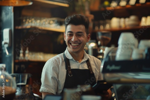 A person smiling while standing behind a counter