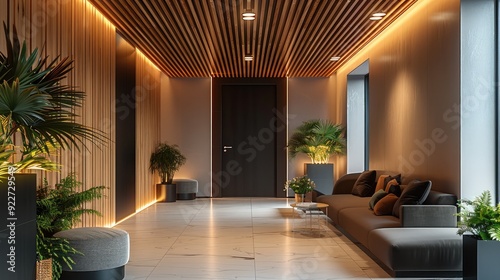 A wide and deep room, with a black door in the background of the picture, wooden louvers ceiling with lowered organic gypsum board ceilings concealing led lights. Generative AI.