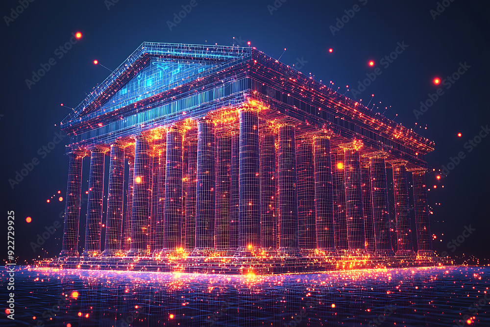 Naklejka premium Bank icon with a light shining through, designed in wireframe style on a dark blue background, representing financial security and stability.