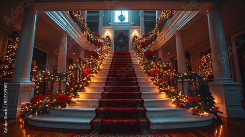 Grand Staircase Decorated for Christmas