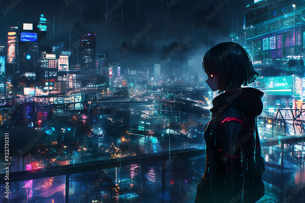 girl sits by the window, watching raindrops fall as neon lights glow outside, creating a peaceful and futuristic atmosphere girl sits by the window, watching raindrops fall as neon lights glow outside, creating a peaceful and futuristic atmosphere