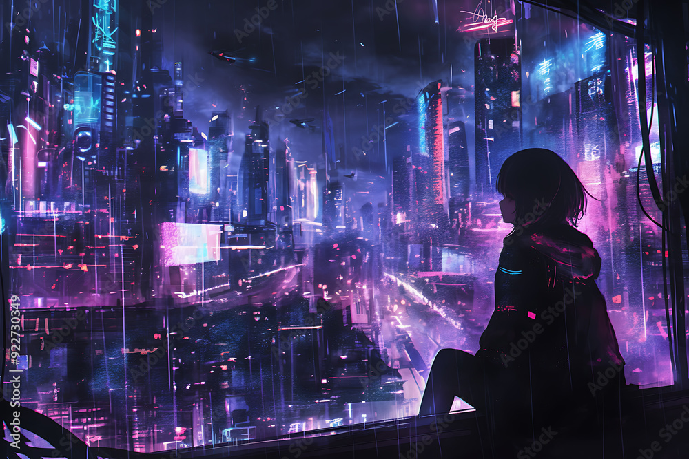 girl sits by the window, watching raindrops fall as neon lights glow outside, creating a peaceful and futuristic atmosphere girl sits by the window, watching raindrops fall as neon lights glow outside, creating a peaceful and futuristic atmosphere