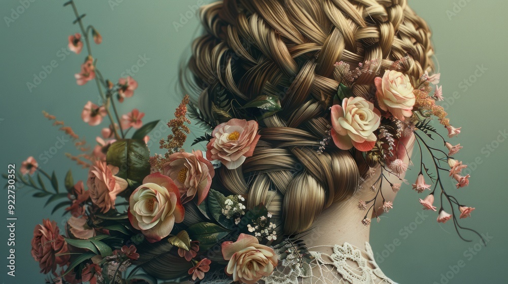 Intricate fishtail braid with floral accessories. Intricate fishtail braid with floral accessories.
