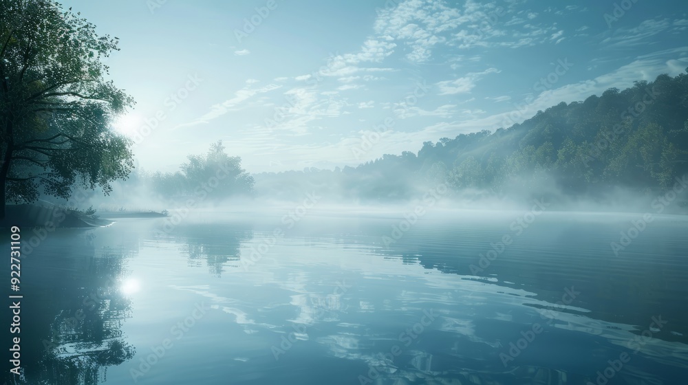 Fototapeta premium Morning fog rolling over a serene lake, with steam gently drifting above the still water