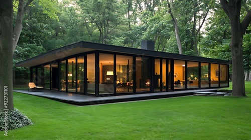 Modern house with glass facade and sleek architectural design


