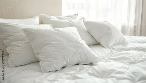 Many soft pillows on bed at home