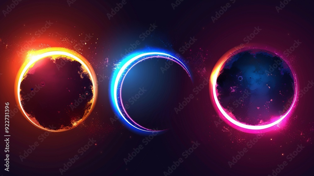 Total and partial solar eclipse with different colors of neon glow against dark night sky. Realistic vector illustrations abstract space solar corona with circle and crescent moon bright glow. Total and partial solar eclipse with different colors of neon glow against dark night sky. Realistic vector illustrations abstract space solar corona with circle and crescent moon bright glow.