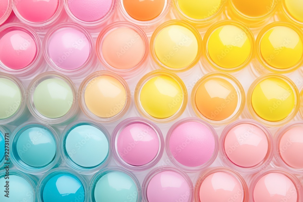 Colorful pastel round containers arranged in a vibrant pattern Colorful pastel round containers arranged in a vibrant pattern