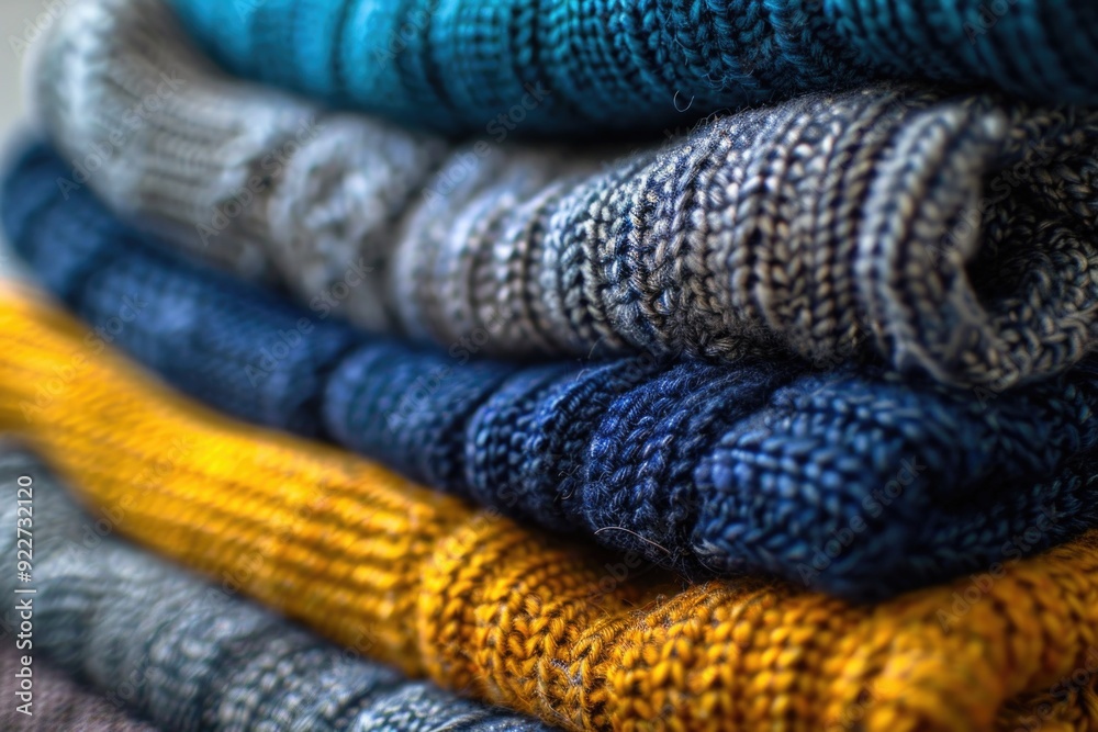 A pile of sweaters stacked high on top of each other A pile of sweaters stacked high on top of each other