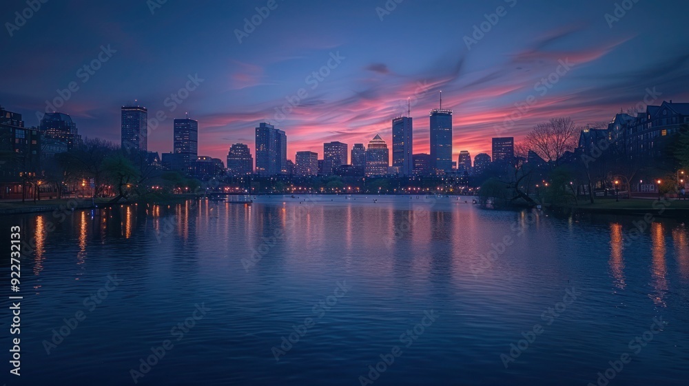Boston skyline in the evening, viewed across the Charles River from Cambridge. The city lights reflect on the calm water, iconic buildings in a tranquil and picturesque urban scene Boston skyline in the evening, viewed across the Charles River from Cambridge. The city lights reflect on the calm water, iconic buildings in a tranquil and picturesque urban scene
