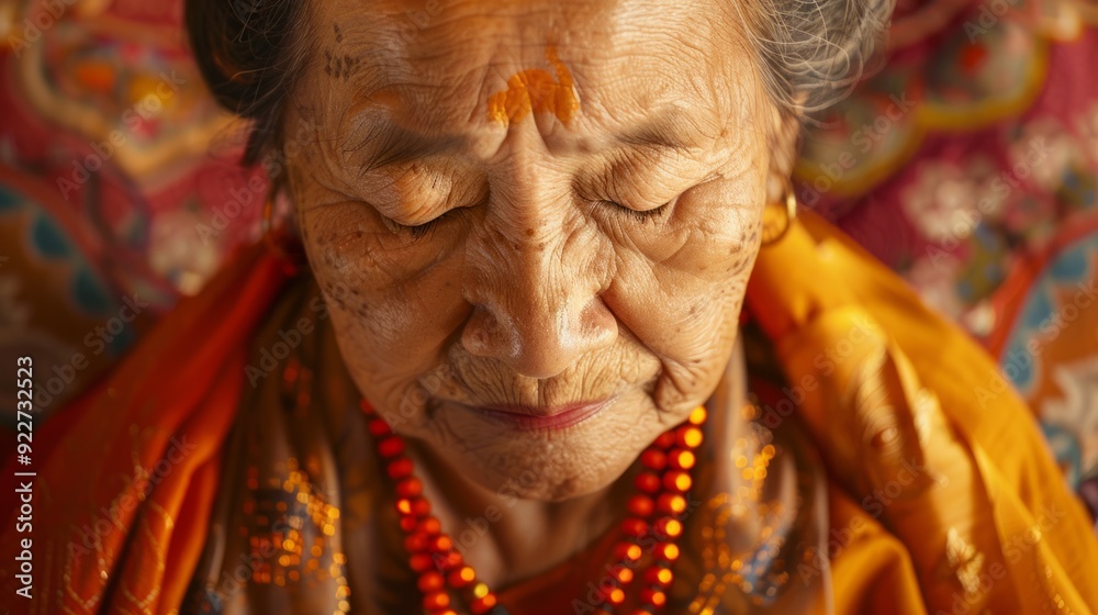 Serene image of a senior woman in traditional attire, reflecting calmness and grace Serene image of a senior woman in traditional attire, reflecting calmness and grace