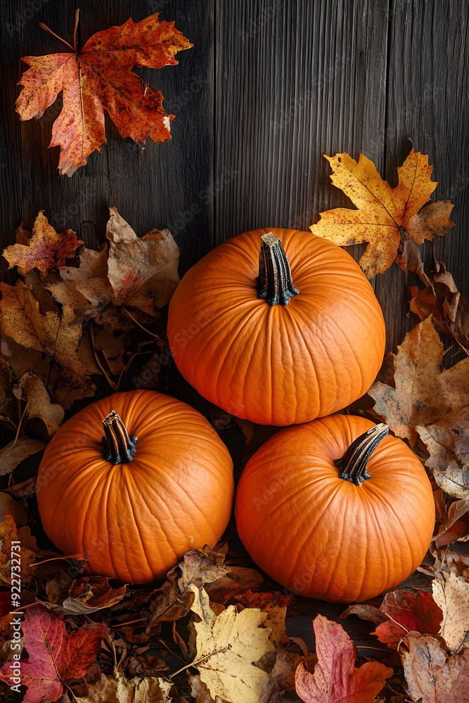 Thanksgiving Greetings. Pumpkins and dry leaves on a dark wooden background. Thanksgiving Greetings. Pumpkins and dry leaves on a dark wooden background.