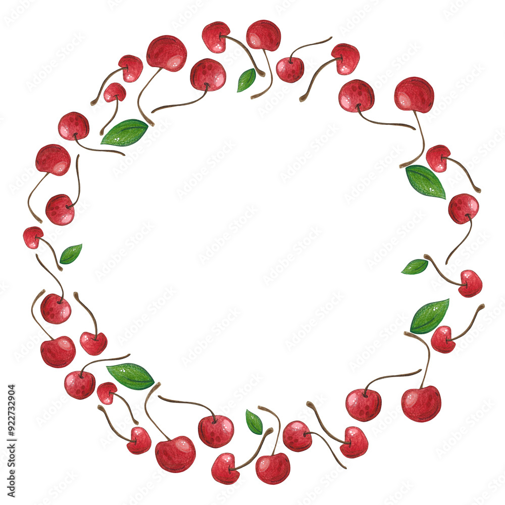 Round frame of cherry. Hand drawn watercolor illustration. For menus, labels, postcards. Berry, frame Round frame of cherry. Hand drawn watercolor illustration. For menus, labels, postcards. Berry, frame