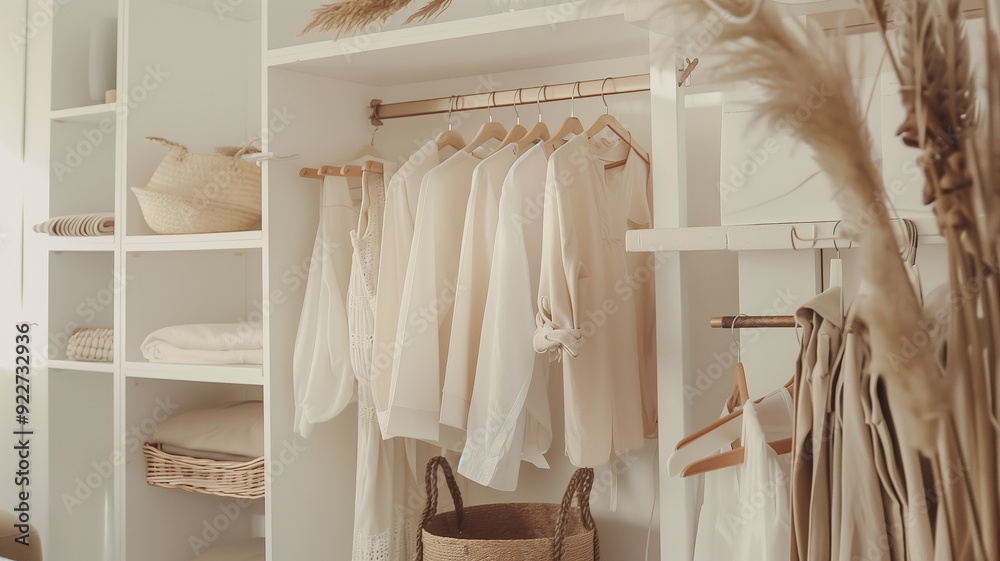 Well-organized closet with various clothes in the dressing room. Promoting closet organization solutions or showcasing minimalist fashion styles. Well-organized closet with various clothes in the dressing room. Promoting closet organization solutions or showcasing minimalist fashion styles.