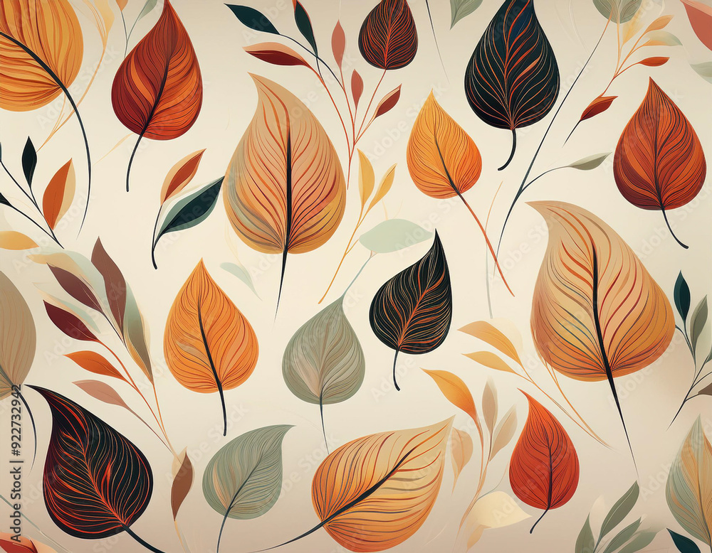 Fototapeta premium Minimalist Falling Leaves Pattern Autumn Hues on Neutral Background Design