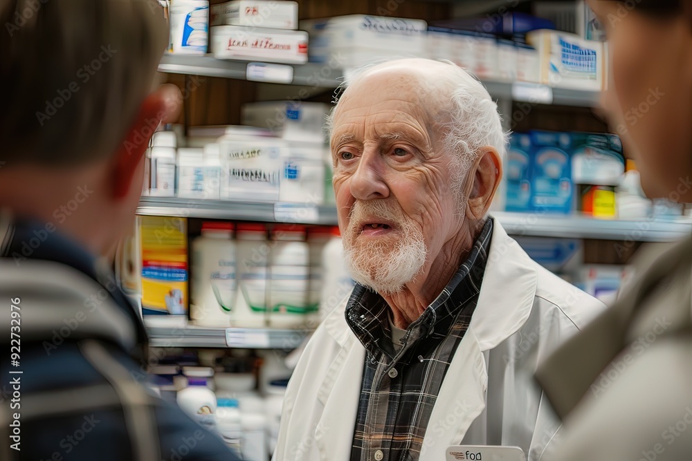 Elderly man consulting with pharmacist at a local pharmacy Elderly man consulting with pharmacist at a local pharmacy