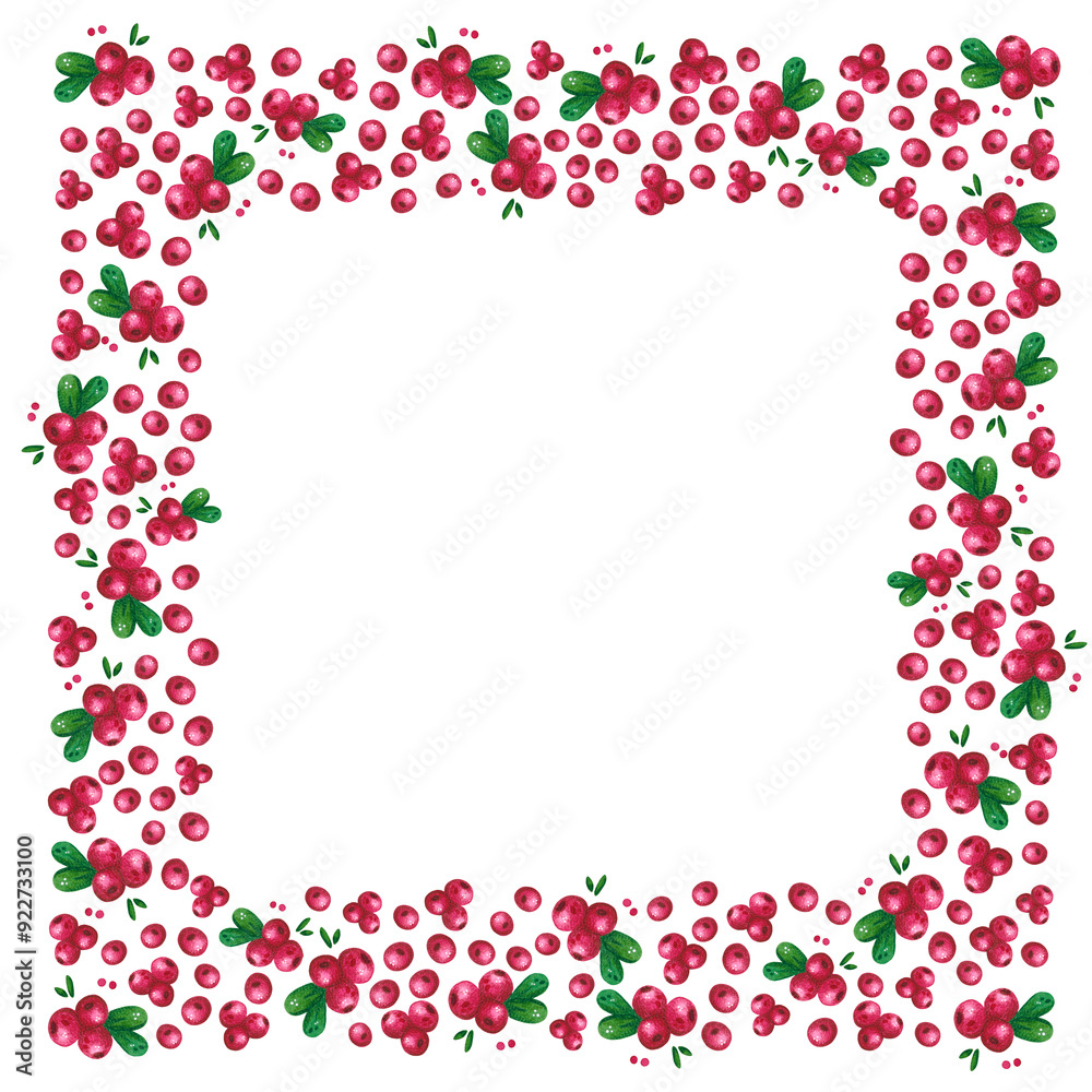 Square frame of lingonberries on a white background. Hand drawn watercolor illustration. Drawing for stickers, labels, packaging. Wild berry, forest, lingonberry, berry Square frame of lingonberries on a white background. Hand drawn watercolor illustration. Drawing for stickers, labels, packaging. Wild berry, forest, lingonberry, berry