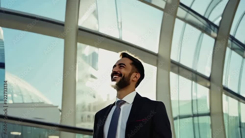 Businessman standing at a corporate office lobby smiling Businessman standing at a corporate office lobby smiling