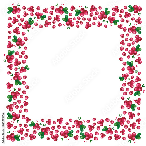 Square frame of lingonberries on a white background. Hand drawn watercolor illustration. Drawing for stickers, labels, packaging. Wild berry, forest, lingonberry, berry
