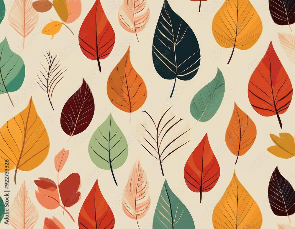 Fototapeta premium Minimalist Falling Leaves Pattern Autumn Hues on Neutral Background Design