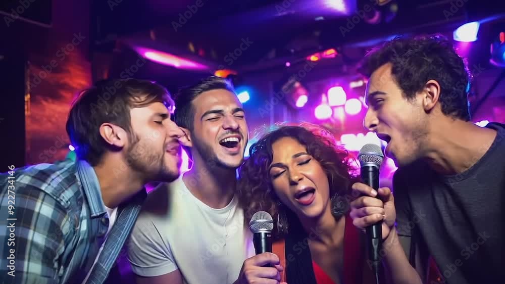 Friends singing karaoke at a  bar