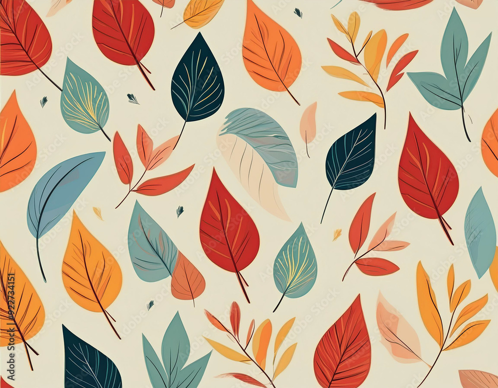 Fototapeta premium Minimalist Falling Leaves Pattern Autumn Hues on Neutral Background Design