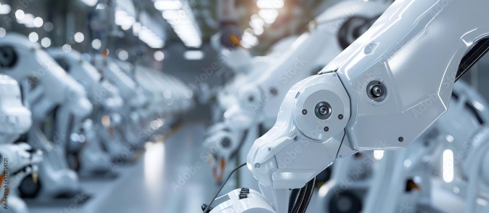 Fototapeta premium White Robot Arms on Automated EV Battery Components.